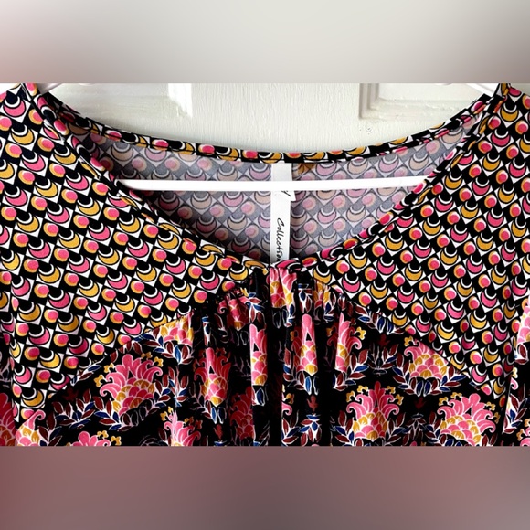 NY Collection Pink Black Boho Print Double Ruffle Bell Sleeve Knit Blouse 2X ? - Picture 2 of 6